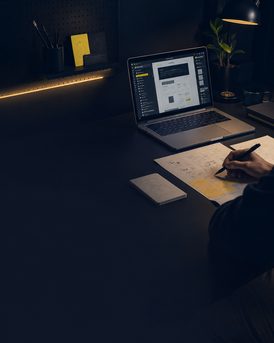 Workspace creativo con laptop, wireframe e processo progettuale